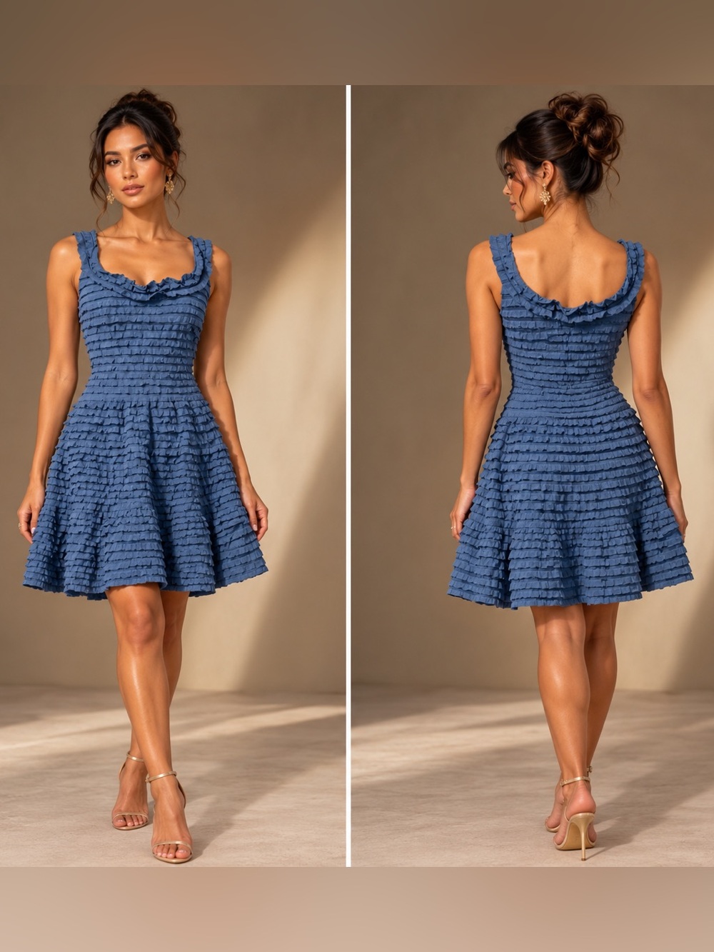 Max Studio Blue Layered Tiered Ruffle Stretch Sheath Cocktail Party Dress Size M